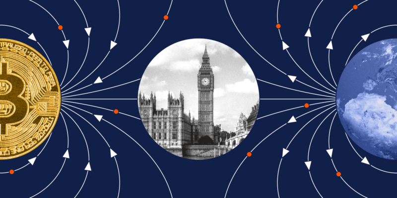 Graphics displaying Bitcoin on the left, a black and white image of Big Ben in the middle, and a globe on the left. All set against a blue backdrop with arrows pointing from one image to another